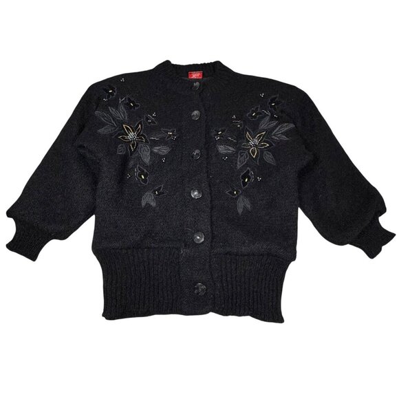 Vintage 90s Mohair Wool Cardigan Sz. S Black Beaded Appliqué  Fuzzy Whimsigoth - Picture 2 of 12